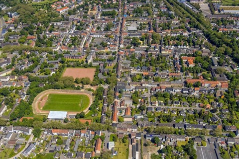 Aerial view, secondary centre Horst, Markenstraße, retail centre, Horst, Gelsenkirchen, Ruhr area,