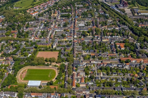 Aerial view, secondary centre Horst, Markenstraße, retail centre, Horst, Gelsenkirchen, Ruhr area,