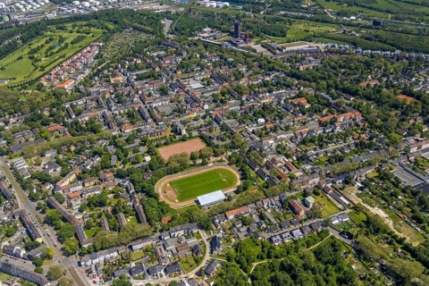 Aerial view, secondary centre Horst, Markenstraße, retail centre, Horst, Gelsenkirchen, Ruhr area,