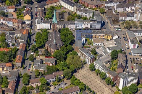 Aerial view, Horst secondary centre, Essener Straße, retail centre, St. Hippolytus parish church,