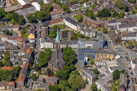 Aerial view, Horst secondary centre, Essener Straße, retail centre, St. Hippolytus parish church,
