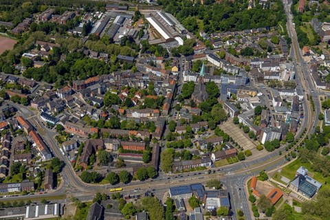 Aerial view, secondary centre Horst, Essener Straße, retail centre, Beckhausen, Gelsenkirchen, Ruhr