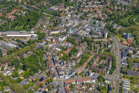 Aerial view, secondary centre Horst, Essener Straße, retail centre, Beckhausen, Gelsenkirchen, Ruhr