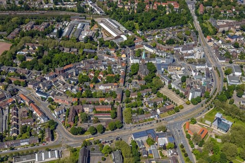 Aerial view, secondary centre Horst, Essener Straße, retail centre, Beckhausen, Gelsenkirchen, Ruhr