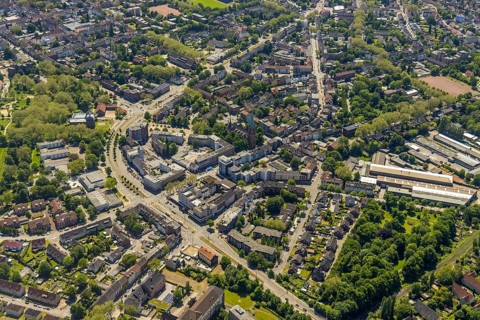 Aerial view, secondary centre Horst, Essener Straße, retail centre, Beckhausen, Gelsenkirchen, Ruhr
