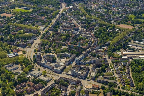 Aerial view, secondary centre Horst, Essener Straße, retail centre, Beckhausen, Gelsenkirchen, Ruhr