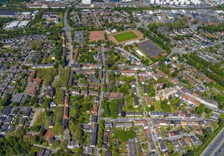 Aerial view, Perspective local supply centre Heßler, Fersenbruch, retail centre, Horst,