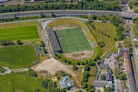 Aerial view, Kampfbahn Glückauf Stadion, former home ground of FC Schalke 04, Schalke,