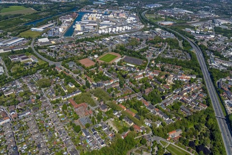 Aerial view, Perspective local supply centre Heßler, Fersenbruch, retail centre, Horst,