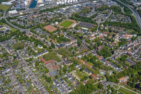 Aerial view, Perspective local supply centre Heßler, Fersenbruch, retail centre, Horst,