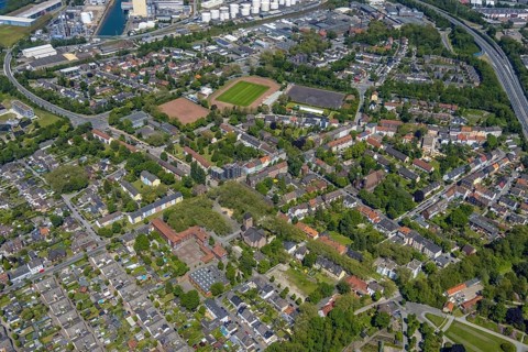 Aerial view, Perspective local supply centre Heßler, Fersenbruch, retail centre, Horst,