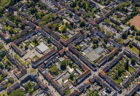 Aerial view, secondary centre Horst, Markenstraße, retail centre, Horst, Gelsenkirchen, Ruhr area,
