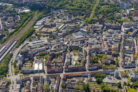 Aerial view, main centre Gelsenkirchen-Mitte, City Gelsenkirchen, Bahnhofstraße, market place,