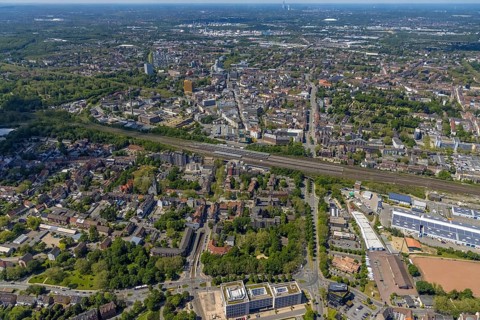 Aerial view, main centre Gelsenkirchen-Mitte, City Gelsenkirchen, Bahnhofstraße, market place,