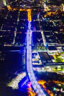 Aerial view, lighting in Schalke blue, Schalke 04, Kurt-Schumacher Straße with thyssenkrupp