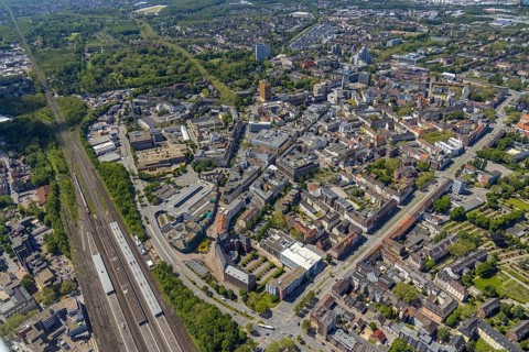 Aerial view, main centre Gelsenkirchen-Mitte, City Gelsenkirchen, Bahnhofstraße, market place,