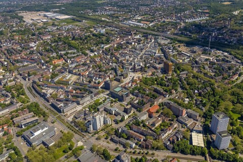 Aerial view, main centre Gelsenkirchen-Mitte, City Gelsenkirchen, Bahnhofstraße, market place,