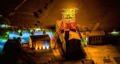 Aerial view, headframe shaft IX with engine houses in Consol Park, Bismarck, Gelsenkirchen, Ruhr