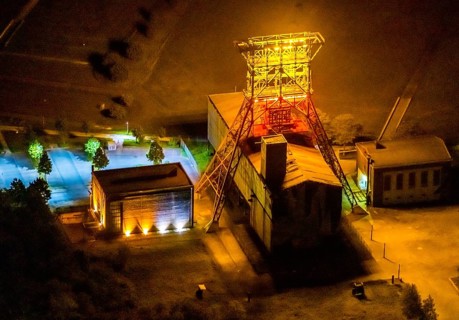 Aerial view, headframe shaft IX with engine houses in Consol Park, Bismarck, Gelsenkirchen, Ruhr