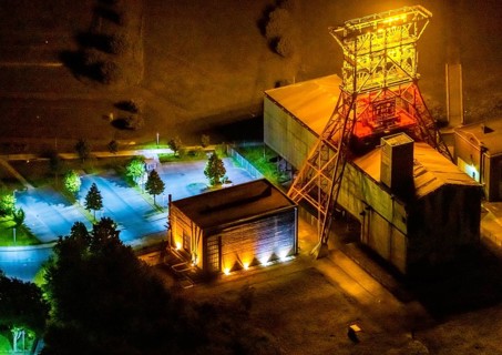 Aerial view, headframe shaft IX with engine houses in Consol Park, Bismarck, Gelsenkirchen, Ruhr