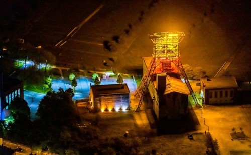 Aerial view, headframe shaft IX with engine houses in Consol Park, Bismarck, Gelsenkirchen, Ruhr