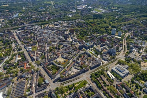 Aerial view, main centre Gelsenkirchen-Mitte, City Gelsenkirchen, Bahnhofstraße, market place,