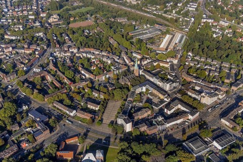 Aerial view, Essener Straße pedestrian zone with St. Hippolytus Church and Josef-Büscher-Platz in