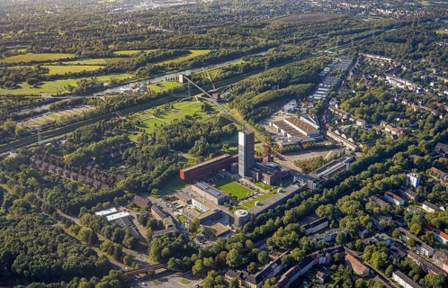 Aerial view, Hercules of Gelsenkirchen sculpture in the Nordstern industrial park on the winding