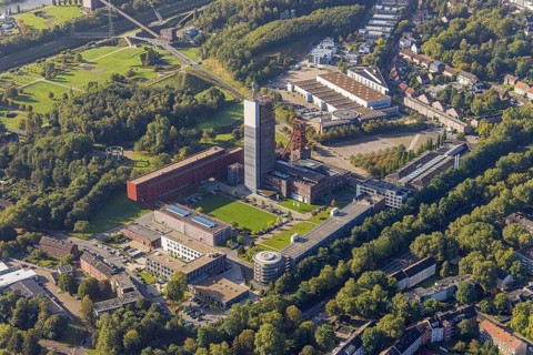 Aerial view, Hercules of Gelsenkirchen sculpture in the Nordstern industrial park on the winding
