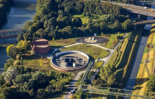 Aerial view, New pumping station building of the Emschergenossenschaft near the Sutumer Brücken on