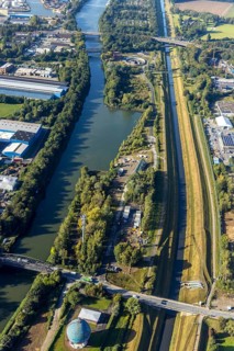 Aerial view, New pumping station building of the Emschergenossenschaft near the Sutumer Brücken on