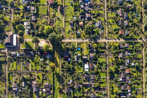 Aerial view, allotment garden association Buer-Erle in the district Erle in Gelsenkirchen, Ruhr