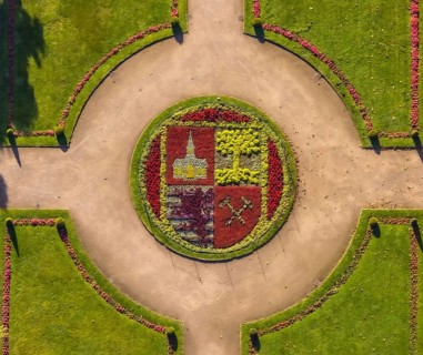 Aerial view, moated castle Schloss Berge green areas and city coat of arms of Gelsenkirchen in the