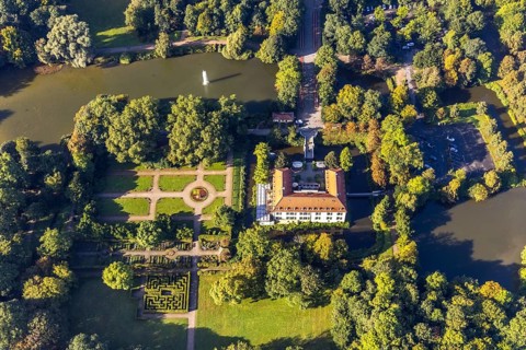 Aerial view, moated castle Schloss Berge in the district Buer in Gelsenkirchen, Ruhr area, North