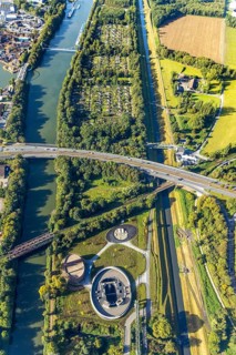 Aerial view, New pumping station building of the Emschergenossenschaft near the Sutumer Brücken on