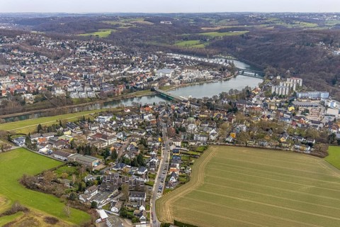 Aerial view, local view and Ruhrbogen, Landsberger Straße, river Ruhr with railway bridge, lock
