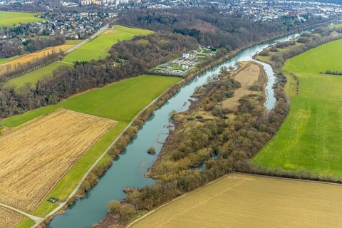 Aerial view, River Ruhr, Lower Kettwiger Ruhraue, Ruhrverabnd sewage treatment plant, Kettwig,