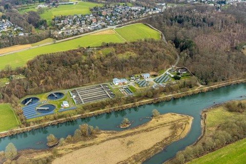 Aerial view, river Ruhr, Ruhr wastewater treatment plant, solar plant, Kettwig, Essen, Ruhr area,