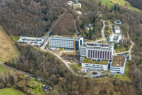Aerial view, Ruhrlandklinik with construction site, Essen-Heidhausen, Essen, Ruhr area, North