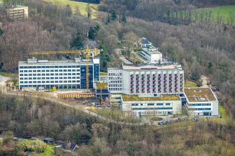 Aerial view, Ruhrlandklinik with construction site, Essen-Heidhausen, Essen, Ruhr area, North