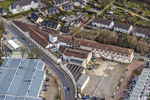 Aerial view, Ruhrbogen Kettwig, river Ruhr, former worsted spinning mill Scheidt, Kettwig, Essen,