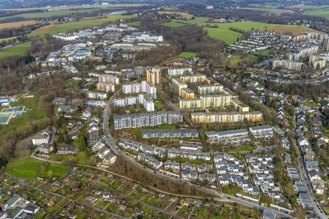 Aerial view, high-rise housing estate Rheinstraße Unterlehberg, Kettwig, Essen, Ruhr area, North