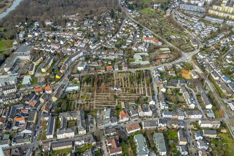 Aerial photograph, cemetery, Kettwig, Essen, Ruhr area, North Rhine-Westphalia, Germany, burial