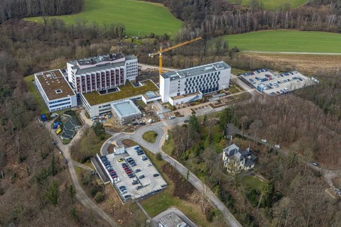 Aerial view, Ruhrlandklinik with construction site, Essen-Heidhausen, Essen, Ruhr area, North