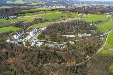 Aerial view, Ruhrlandklinik with construction site, Essen-Heidhausen, Essen, Ruhr area, North
