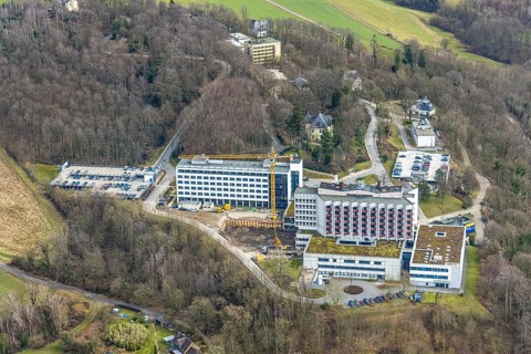 Aerial view, Ruhrlandklinik with construction site, Essen-Heidhausen, Essen, Ruhr area, North