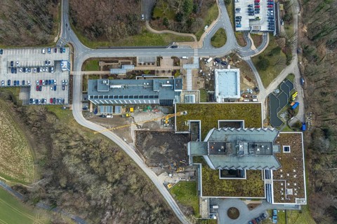 Aerial view, Ruhrlandklinik with construction site, Essen-Heidhausen, Essen, Ruhr area, North