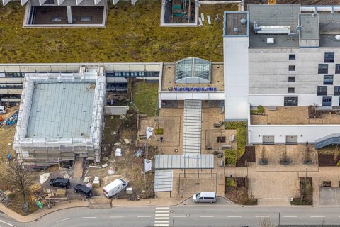 Aerial view, Ruhrlandklinik with construction site, Essen-Heidhausen, Essen, Ruhr area, North