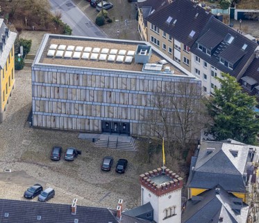 Aerial view, Folkwang Library, Basilica of St. Ludgerus, Werden, Essen, Ruhr area, North