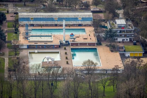 Aerial view, Grugabad im Grugapark, Essen-Rüttenscheid, Essen, Ruhr area, North Rhine-Westphalia,
